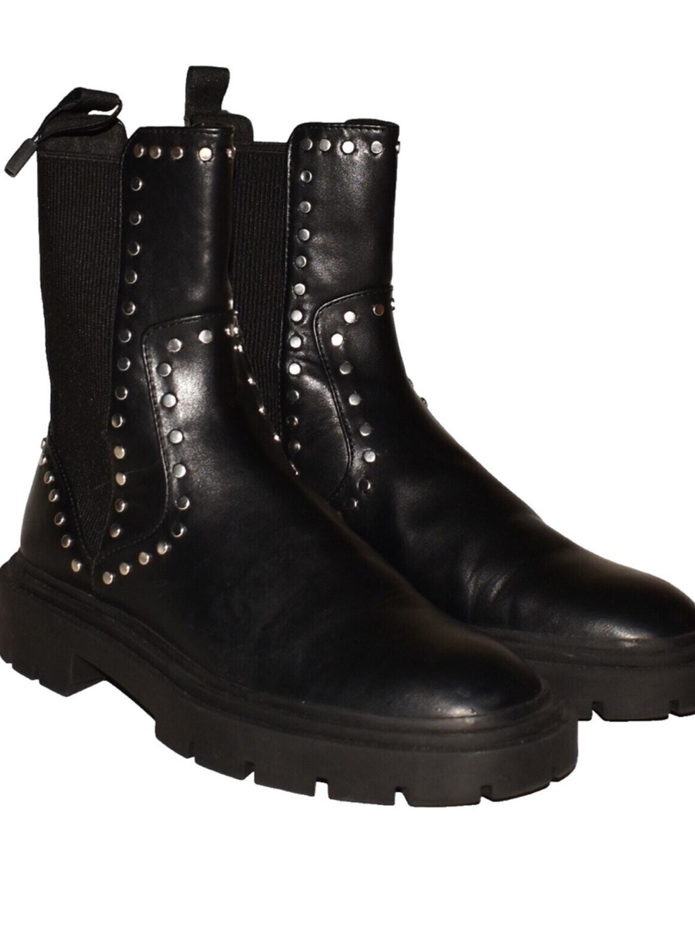 Zara Black EU39/US 8-8.5 Studded Chelsea Vegan Leather Boot Comfort Lug Sole